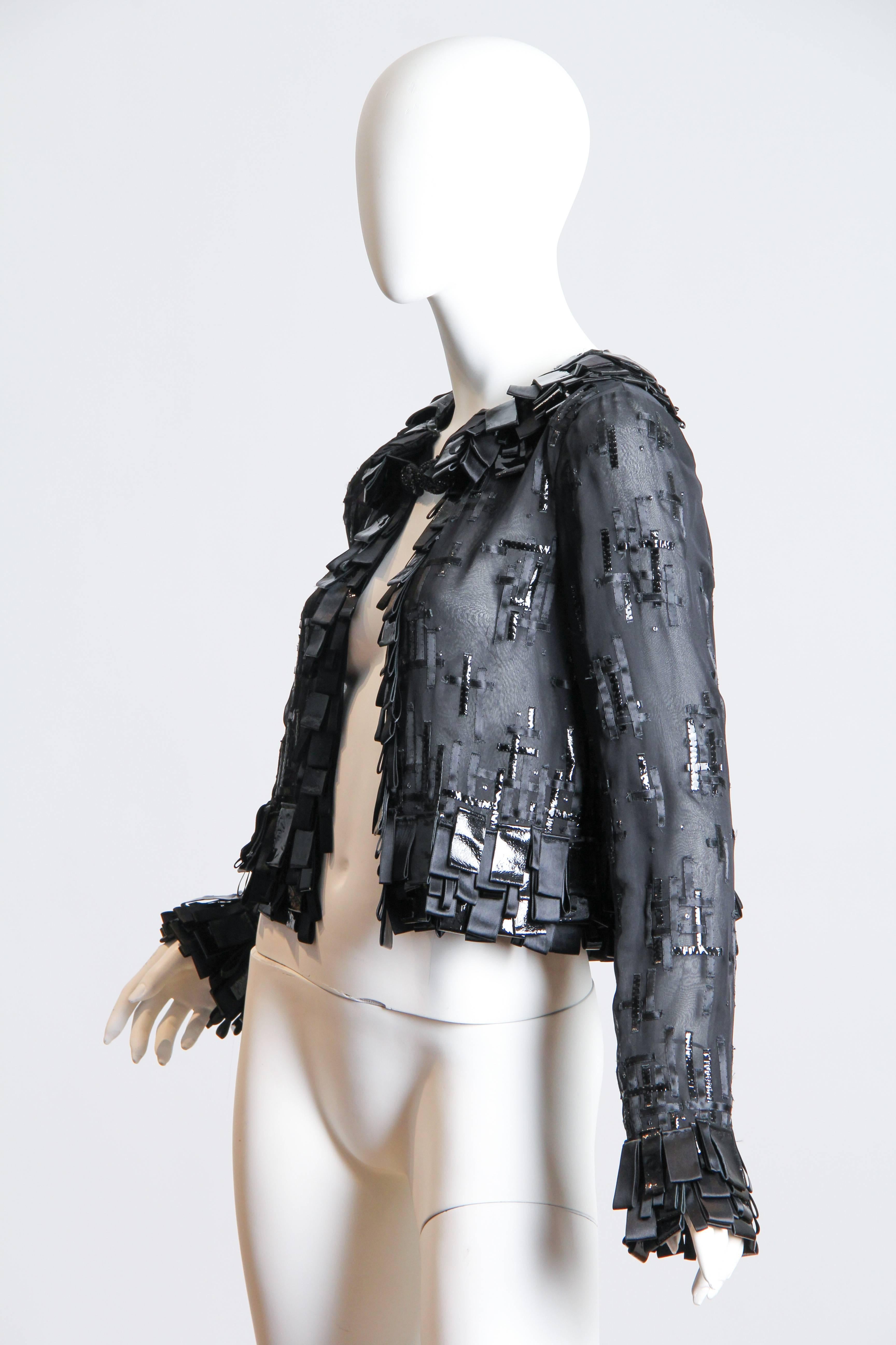 1990S OSCAR DE LARENTA Silk Chiffon Embellished  Jacket With Ribbons Beads & Patent Leather