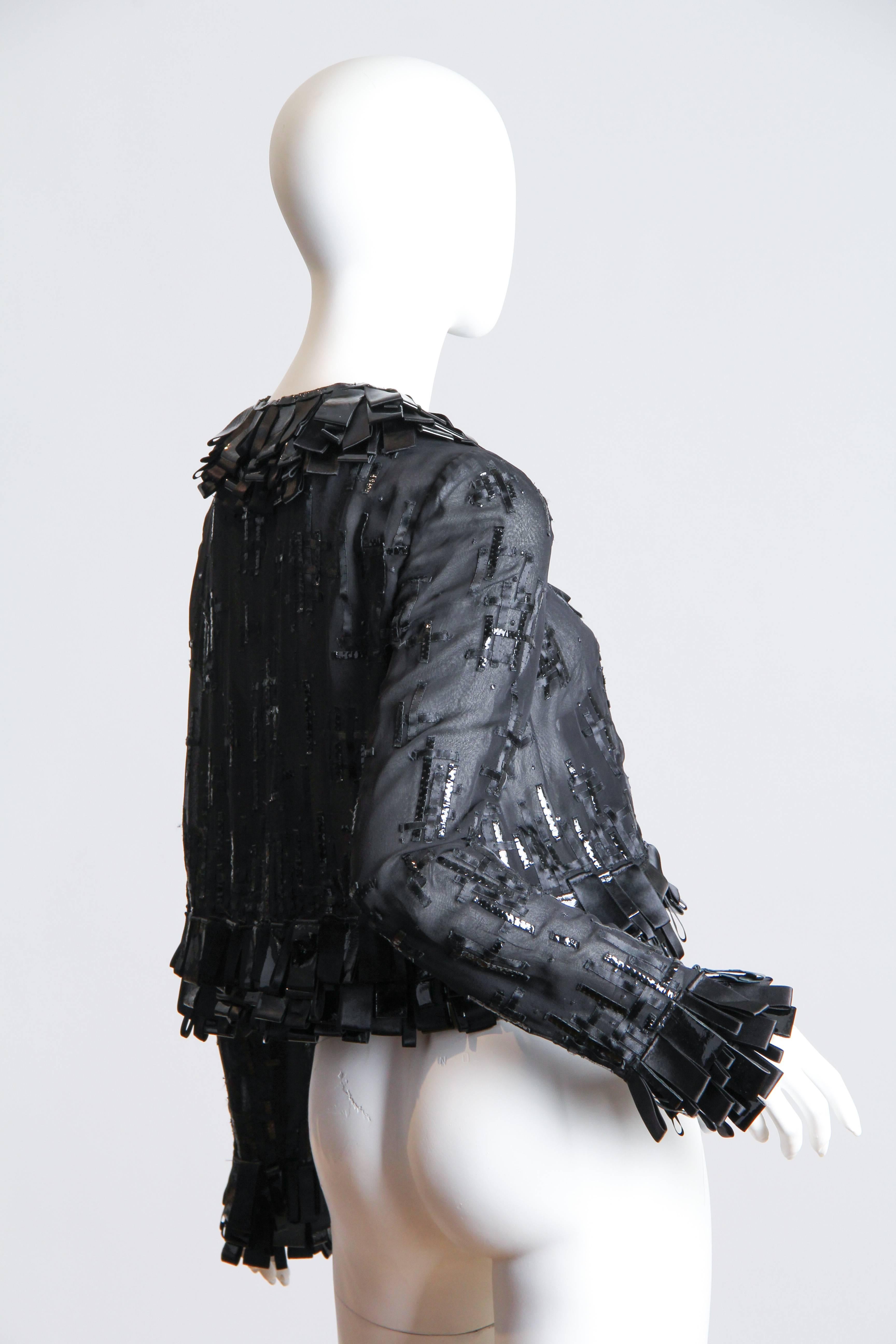 Black 1990S OSCAR DE LARENTA Silk Chiffon Embellished  Jacket With Ribbons Beads & Pa