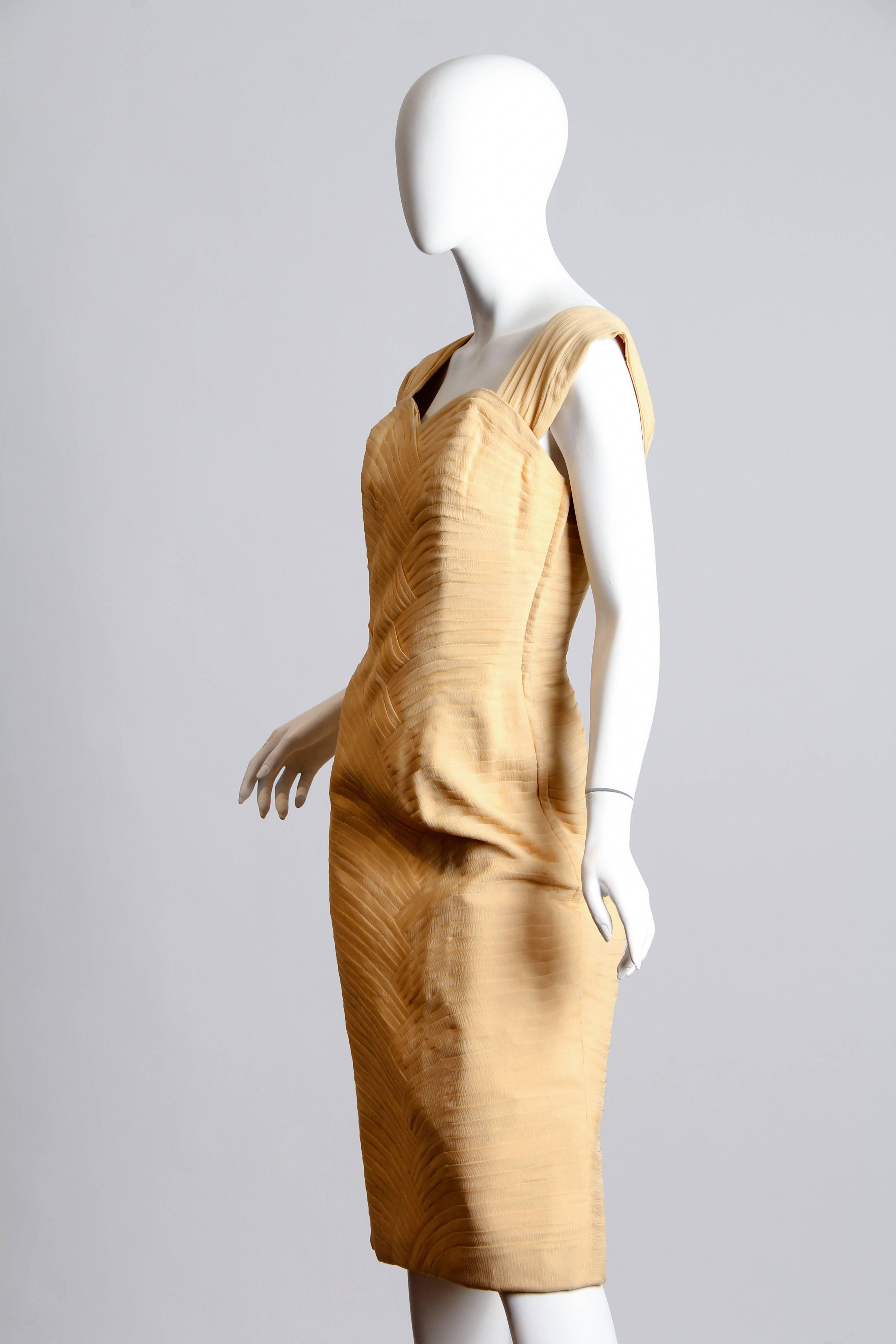 1950S HENRY ASH Buttercream Yellow Pleated Silk Mousseline Structured Cocktail Dress