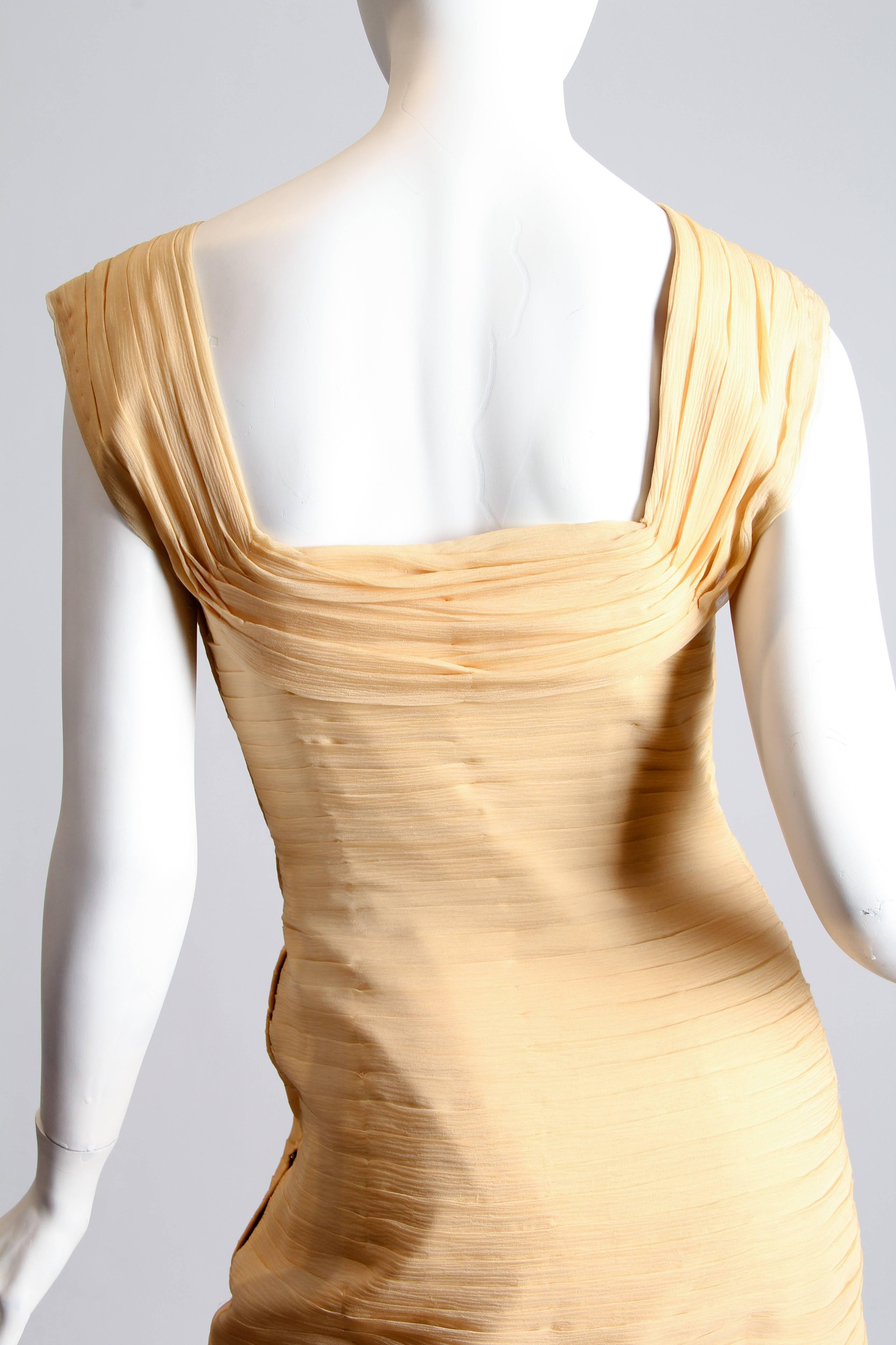 Women's 1950S HENRY ASH Buttercream Yellow Pleated Silk Mousseline Structured Cocktail  For Sale