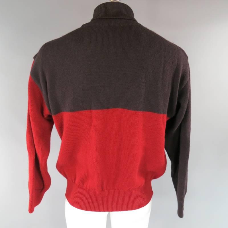 Vintage ISSEY MIYAKE Men's M Red & Eggplant Color Block Wool Sweater In Good Condition In San Francisco, CA
