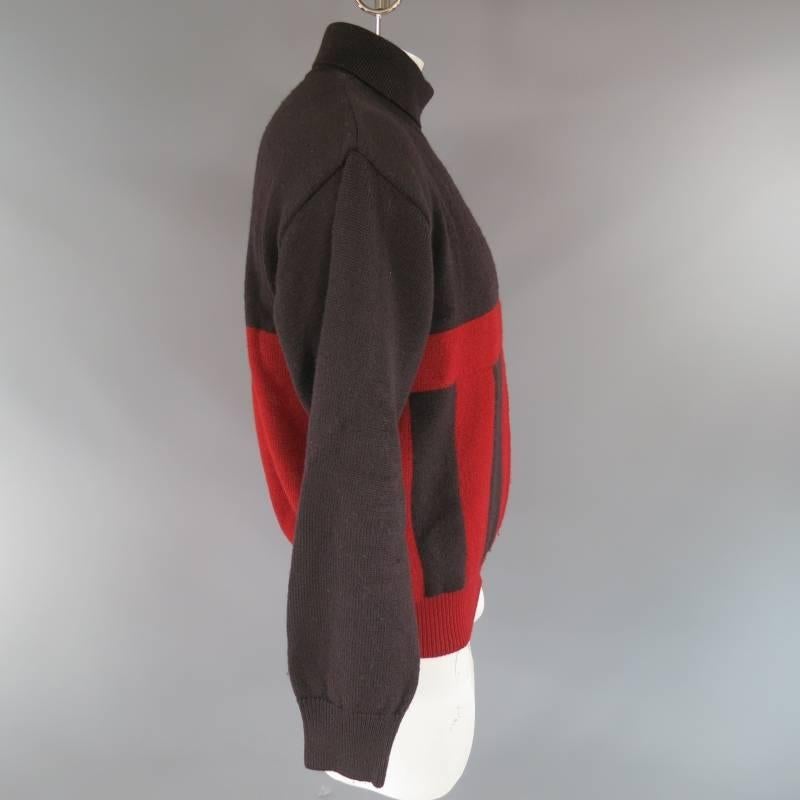 Vintage ISSEY MIYAKE Men's M Red & Eggplant Color Block Wool Sweater 1