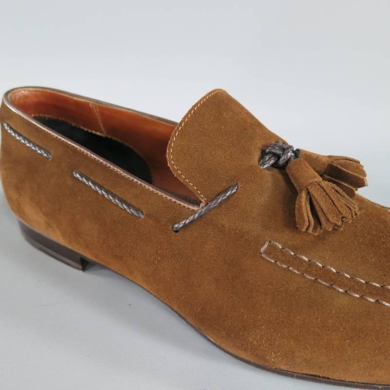 TOM FORD Size 10.5 Brown Suede TBraided Piping Tassel Loafers 1
