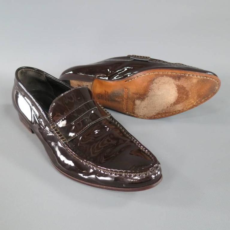 DSQUARED2 Size 8 Brown Patent Leather Penny Loafers at 1stdibs