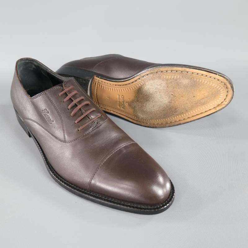 GUCCI Size 8 Chocolate Brown Leather Cap Toe Embossed Lace Up In Excellent Condition In San Francisco, CA