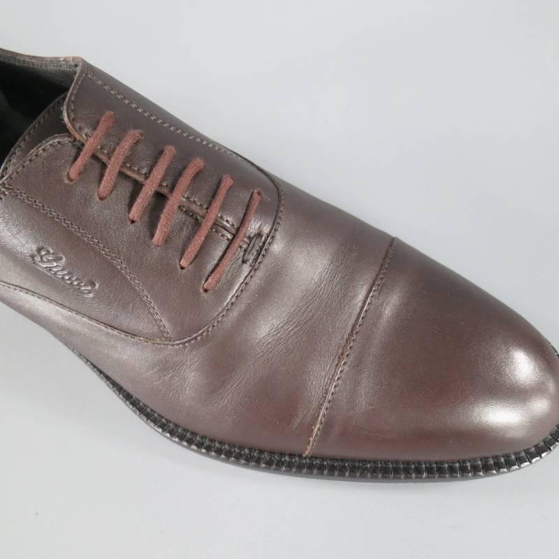 Gray GUCCI Size 8 Chocolate Brown Leather Cap Toe Embossed Lace Up