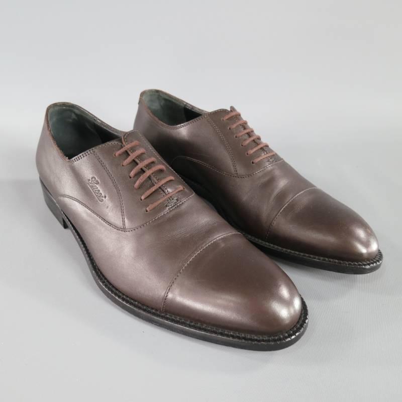GUCCI Size 8 Chocolate Brown Leather Cap Toe Embossed Lace Up 1