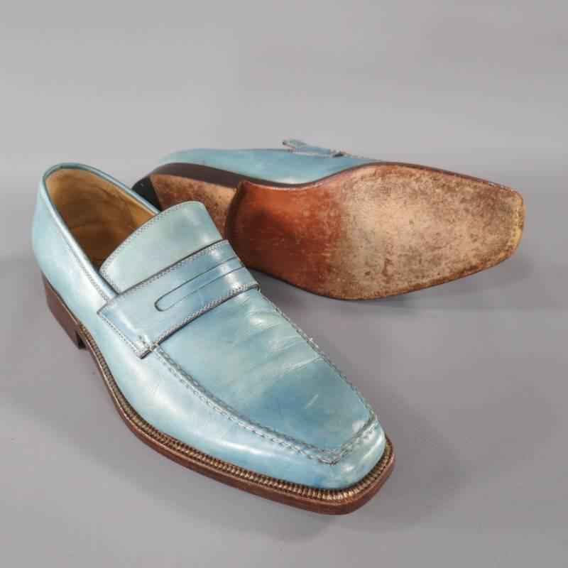 SUTOR MANTELLASSI Size 7.5 Men's Washed Blue Leather Penny Loafers In Good Condition In San Francisco, CA