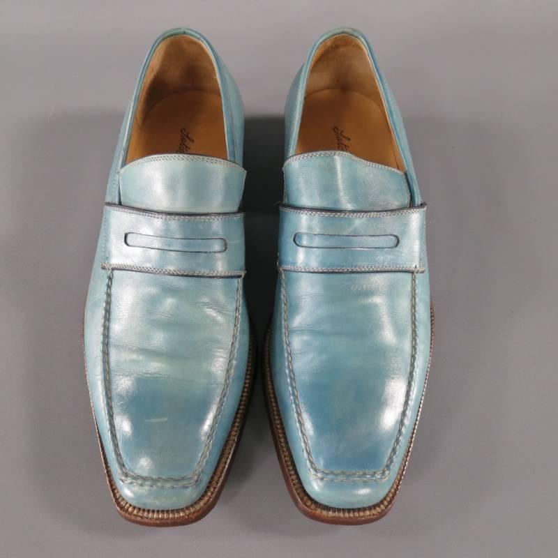 Gray SUTOR MANTELLASSI Size 7.5 Men's Washed Blue Leather Penny Loafers