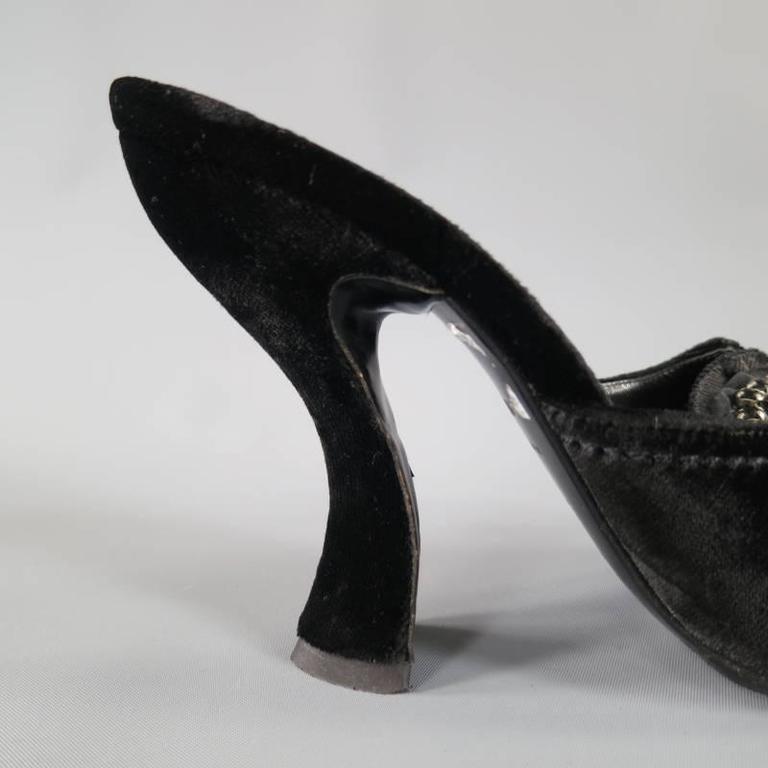 PRADA Size 6.5 Black Velvet Curved Heel Crystal Flower Peep Toe Mules ...