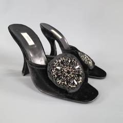 PRADA Size 6.5 Black Velvet Curved Heel Crystal Flower Peep Toe Mules