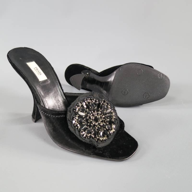 PRADA Size 6.5 Black Velvet Curved Heel Crystal Flower Peep Toe Mules In Excellent Condition In San Francisco, CA