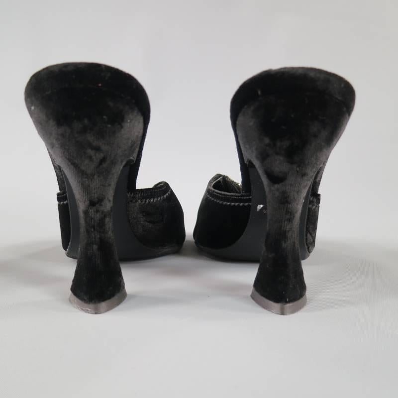 Women's PRADA Size 6.5 Black Velvet Curved Heel Crystal Flower Peep Toe Mules