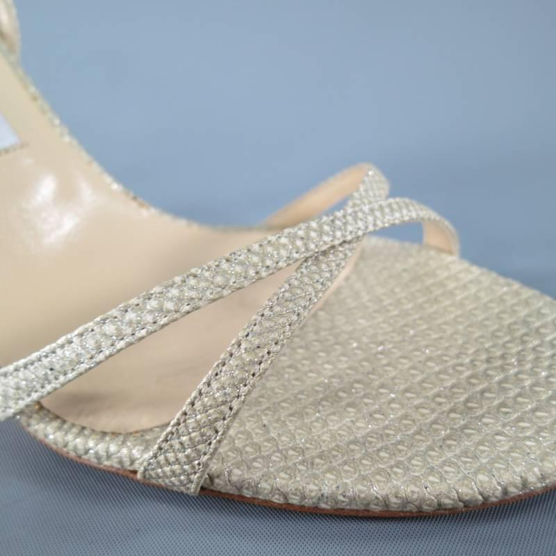 JIMMY CHOO Size 9 Beige Crocodile Embossed Glitter Karung Silk Slingback Sandals 1