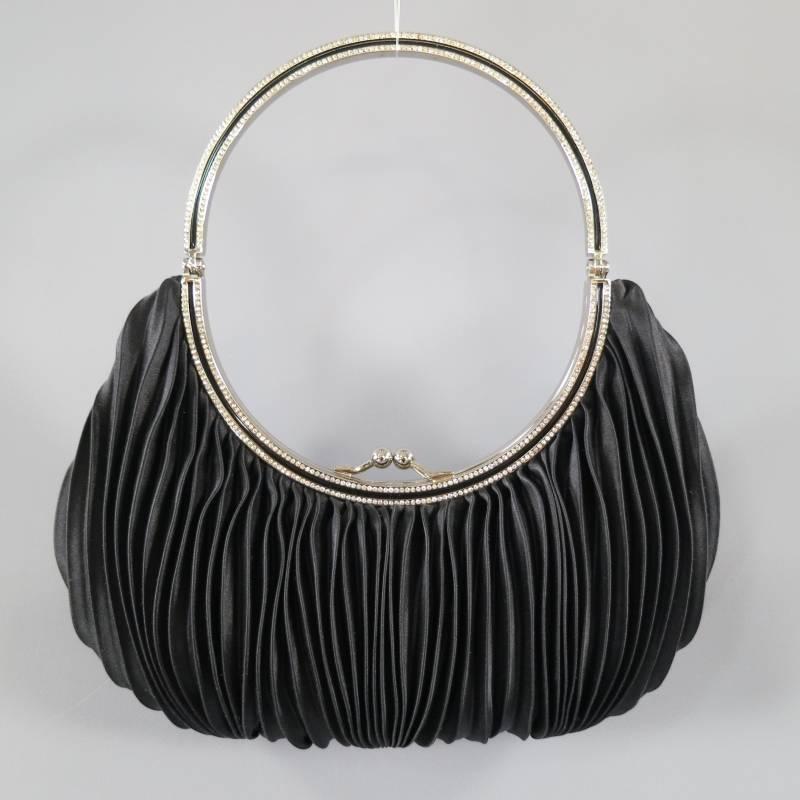 VALENTINO GARAVANI Black Pleated Silk Kiss Lock Crystal Handle Evening Handbag In Excellent Condition In San Francisco, CA