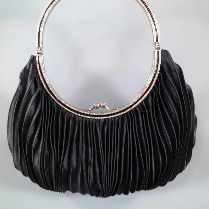 VALENTINO GARAVANI Black Pleated Silk Kiss Lock Crystal Handle Evening Handbag 2