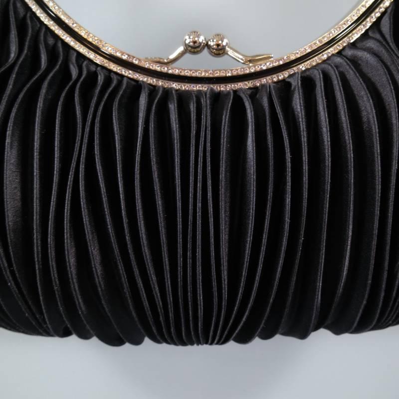 VALENTINO GARAVANI Black Pleated Silk Kiss Lock Crystal Handle Evening Handbag 1