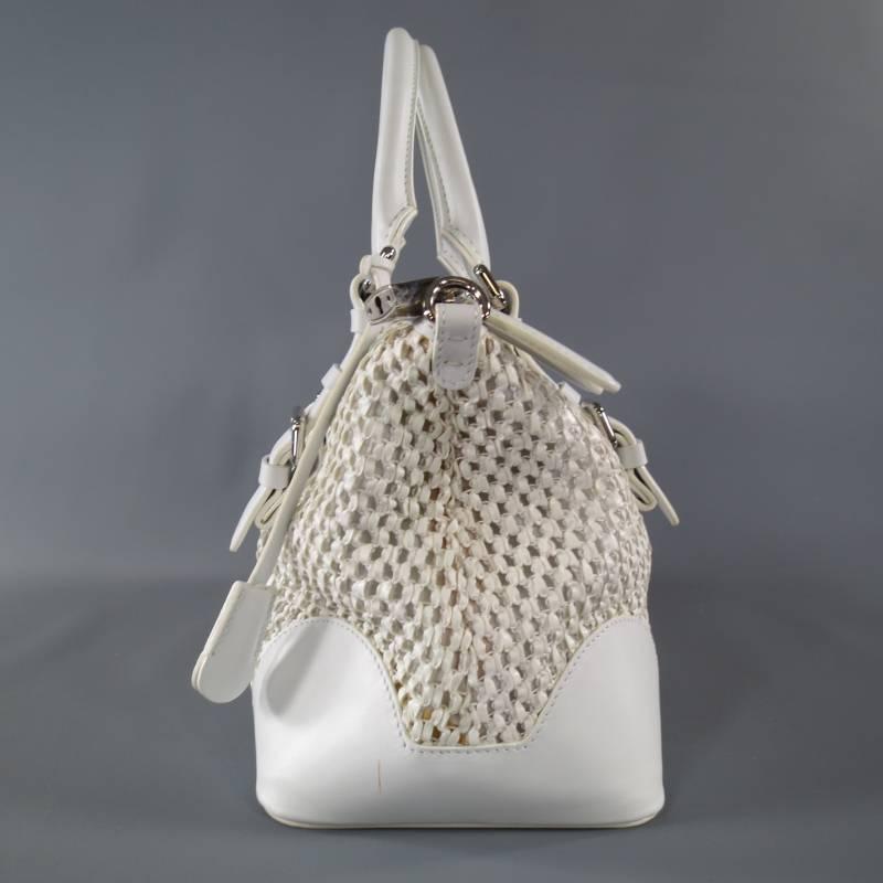 GIORGIO ARMANI White Crochet Leather Belt Handle Purse Handbag In Excellent Condition In San Francisco, CA