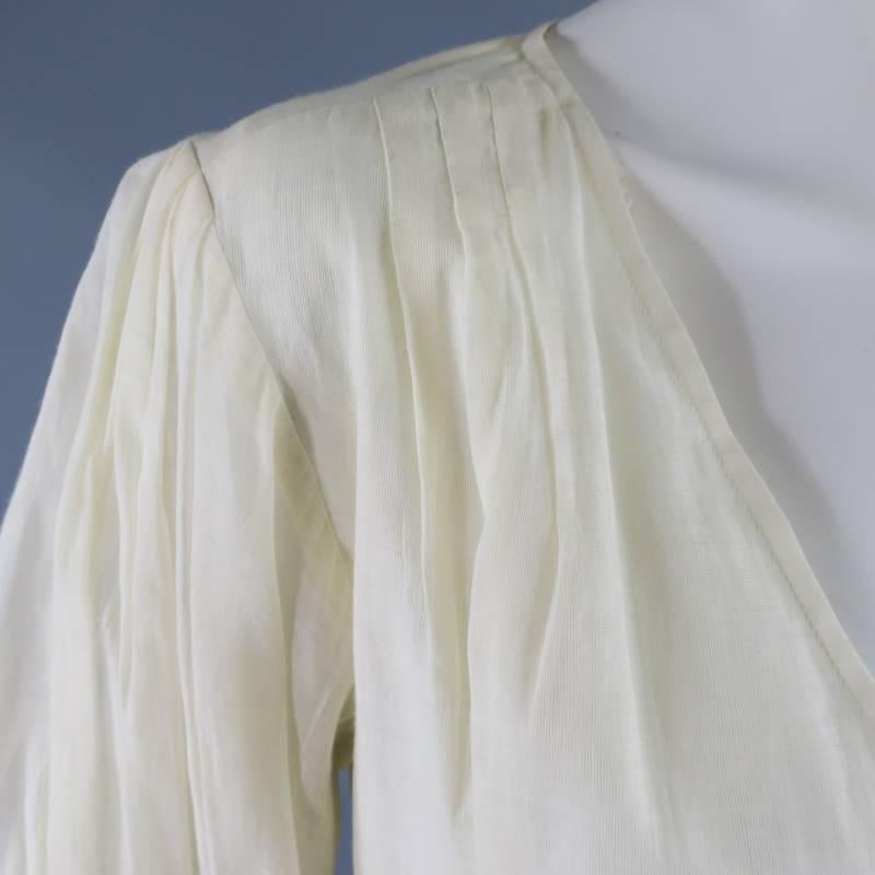 OSCAR DE LA RENTA Size 6 Beige Cotton Pleated Sleeve Wrap Blouse 1