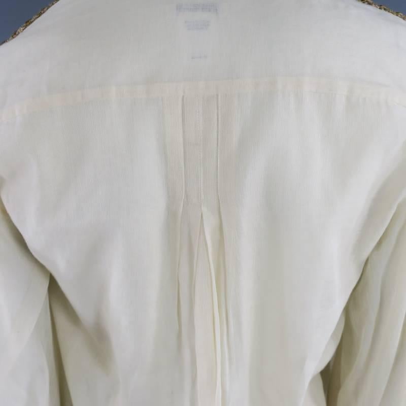 OSCAR DE LA RENTA 8 Beige Linen Sequin Shoulder Bishop Sleeve Wrap Blouse 4