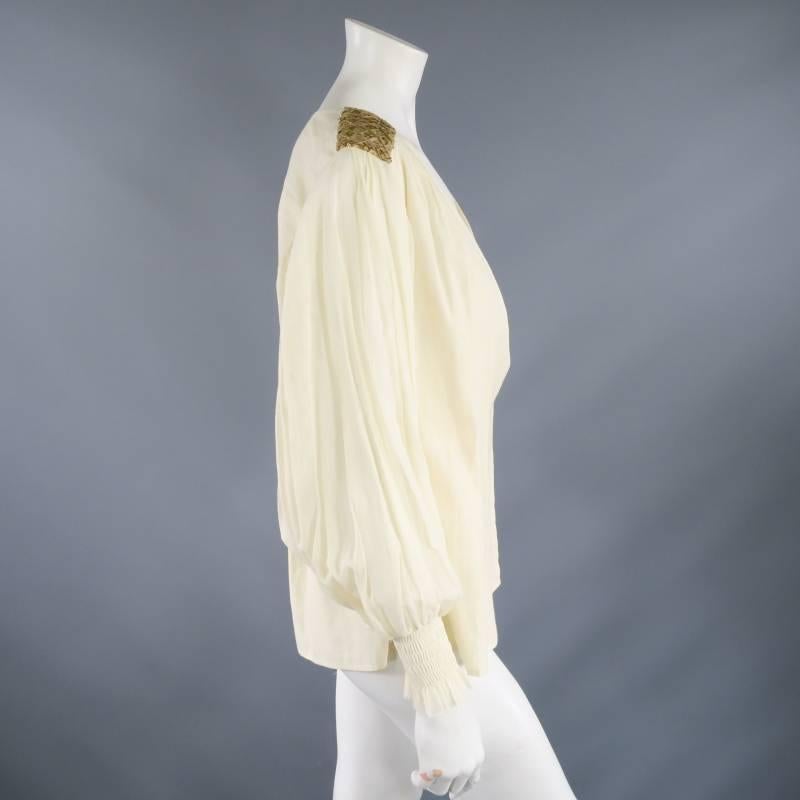 OSCAR DE LA RENTA 8 Beige Linen Sequin Shoulder Bishop Sleeve Wrap Blouse 2