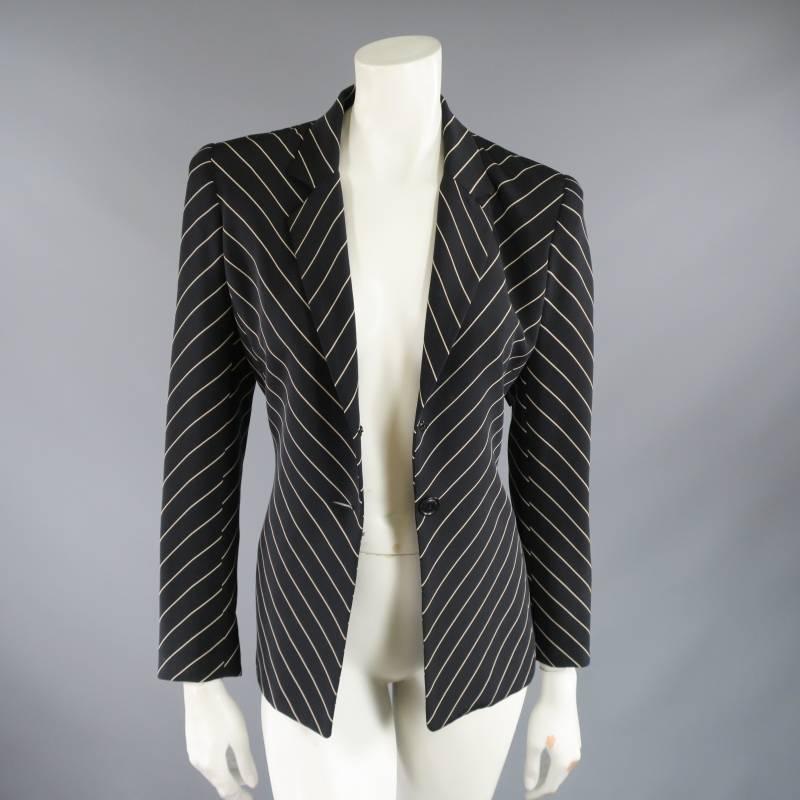 OSCAR by OSCAR DE LA RENTA Size 2 Black Silk Pinstripe Blazer Jacket 1