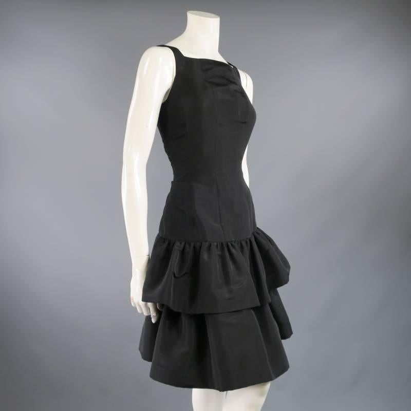 OSCAR DE LA RENTA 8 Black Silk Drop Waist Layered Ruffle Vintage Cocktail Dress 1