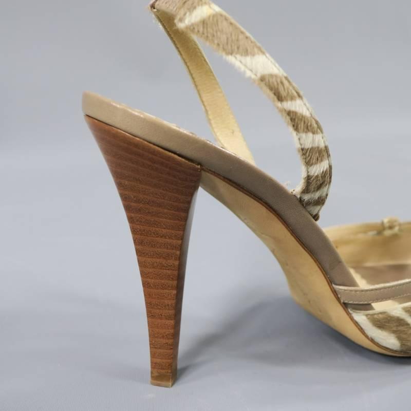 Brown OSCAR DE LA RENTA 8.5 Off White & Taupe Zebra Tiger Pony Hair Sling Back Pumps