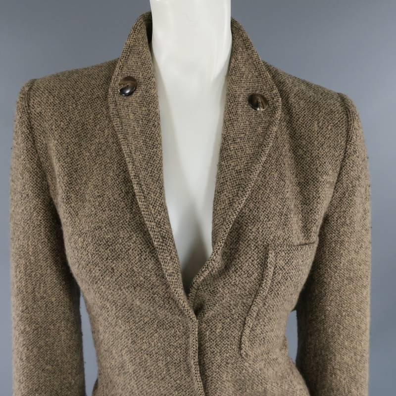 Brown OSCAR DE LA RENTA Size 6 Beige Textured Tweed Button Lapel Jacket Skirt Suit