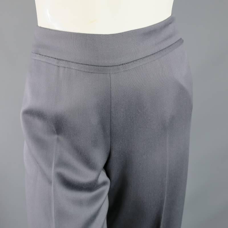 Women's OSCAR DE LA RENTA Size 2 Silver Grey Wool High Rise Wide Leg Ribbon Dress Pants