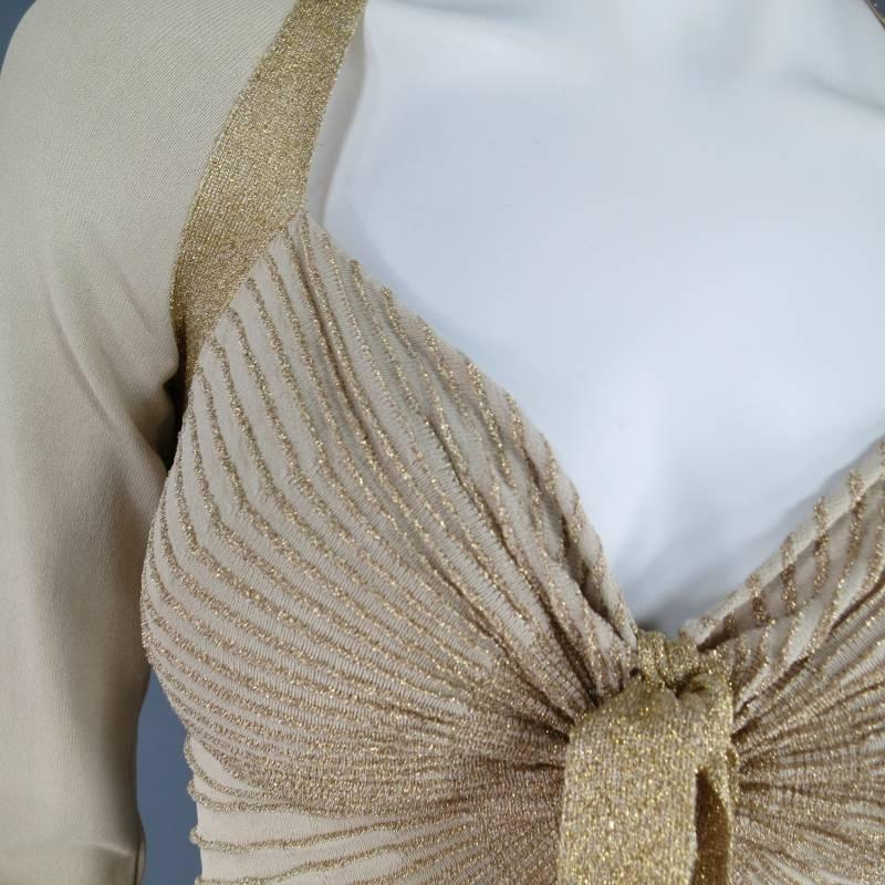 Women's VALENTINO Size M Beige & Metallic Gold Lurex Sweetheart Tie Dress Top