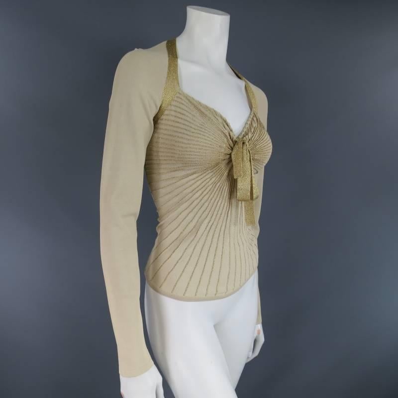 VALENTINO Size M Beige & Metallic Gold Lurex Sweetheart Tie Dress Top 2