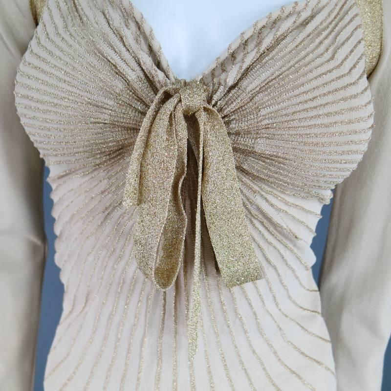 VALENTINO Size M Beige & Metallic Gold Lurex Sweetheart Tie Dress Top 1