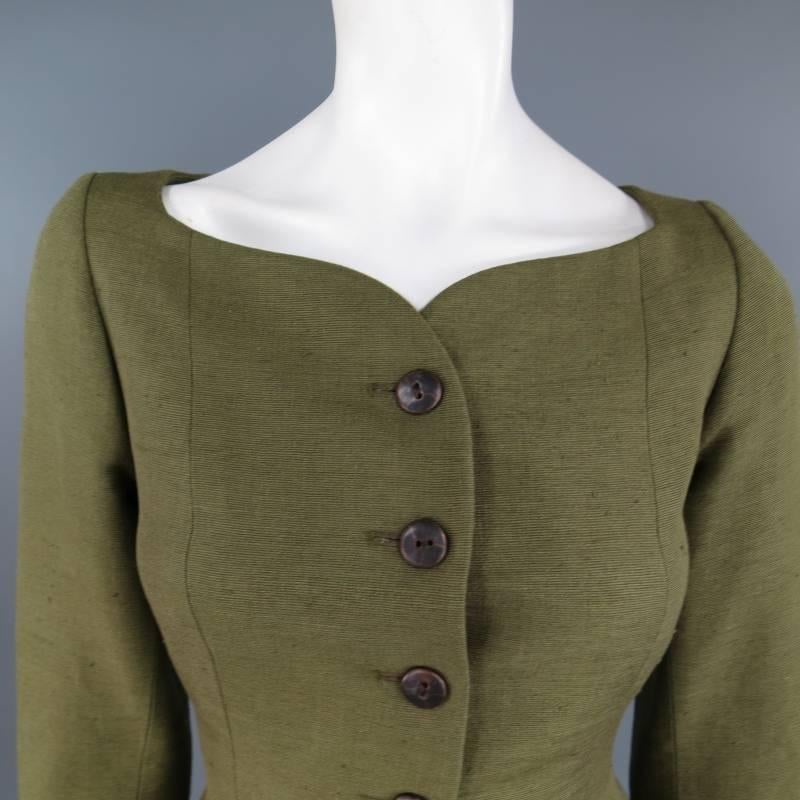 This fabulous vintage jacket by YVES SAINT LAURENT Rive Gauche comes in a beautiful olive green textured silk and features a brown button up closure, lone sleeves with button detail, hour glass tailored shape, and unique sweetheart boat neck line.