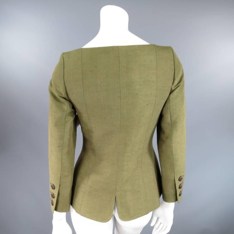 YVES SAINT LAURENT Size 4 Green Silk Sweetheart Boat Neck Jacket 1