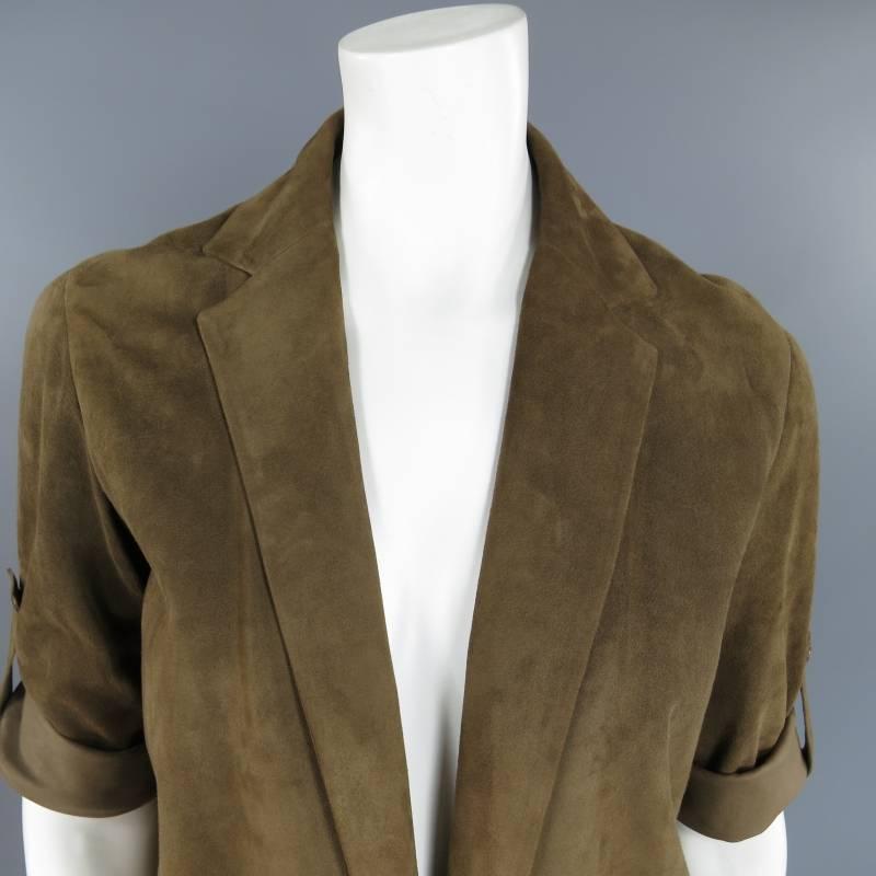 CELINE Size 4 Brown Suede Notch Lapel Rolled Sleeve Open Jacket In Excellent Condition In San Francisco, CA