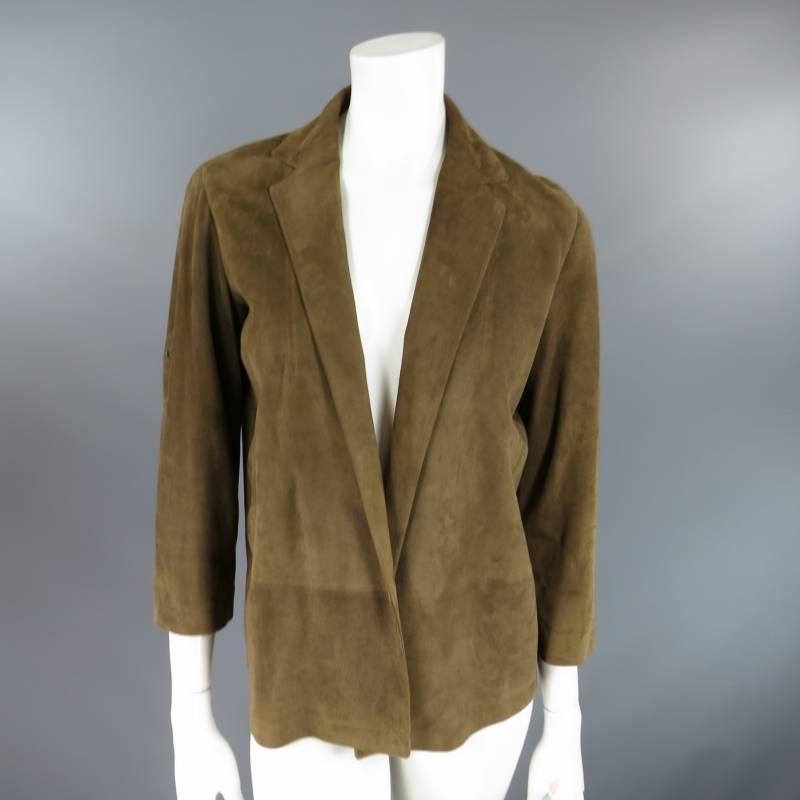 Women's CELINE Size 4 Brown Suede Notch Lapel Rolled Sleeve Open Jacket