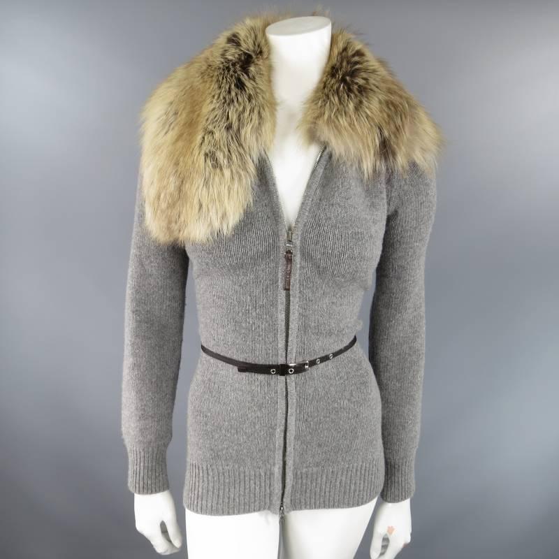 PRADA Size 6 Grey Wool / Cashmere Fox Collar Zip Jacket Leather Elbow Pads In Excellent Condition In San Francisco, CA