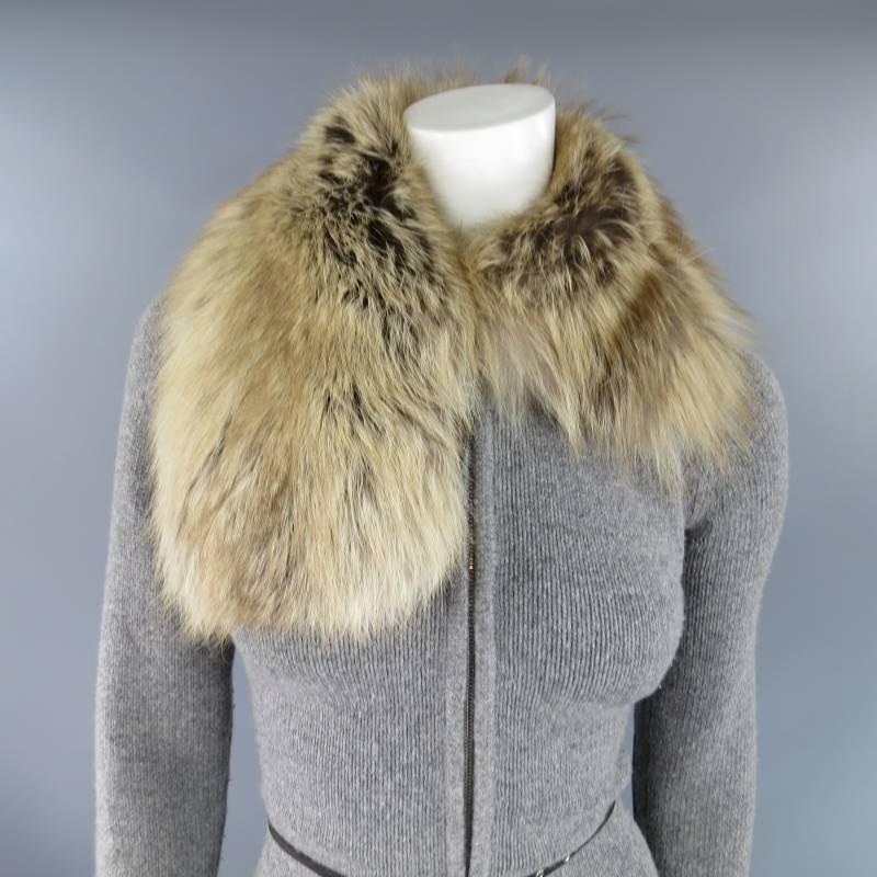 Gray PRADA Size 6 Grey Wool / Cashmere Fox Collar Zip Jacket Leather Elbow Pads