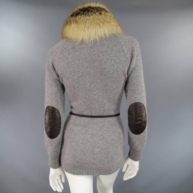 PRADA Size 6 Grey Wool / Cashmere Fox Collar Zip Jacket Leather Elbow Pads 4