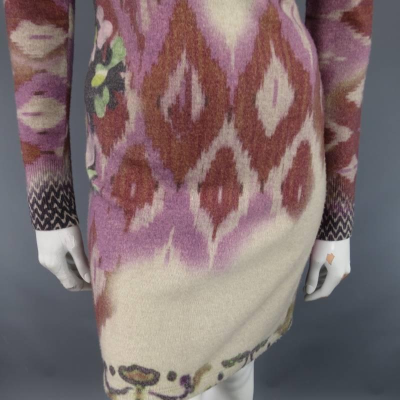 Brown ETRO 4 Beige Red Pink & Green Floral Ikat Print Wool / Cashmere Sweater Dress