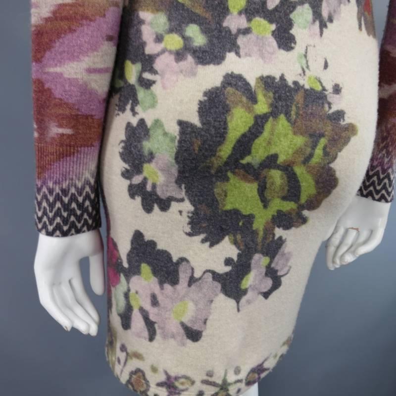 ETRO 4 Beige Red Pink & Green Floral Ikat Print Wool / Cashmere Sweater Dress 4