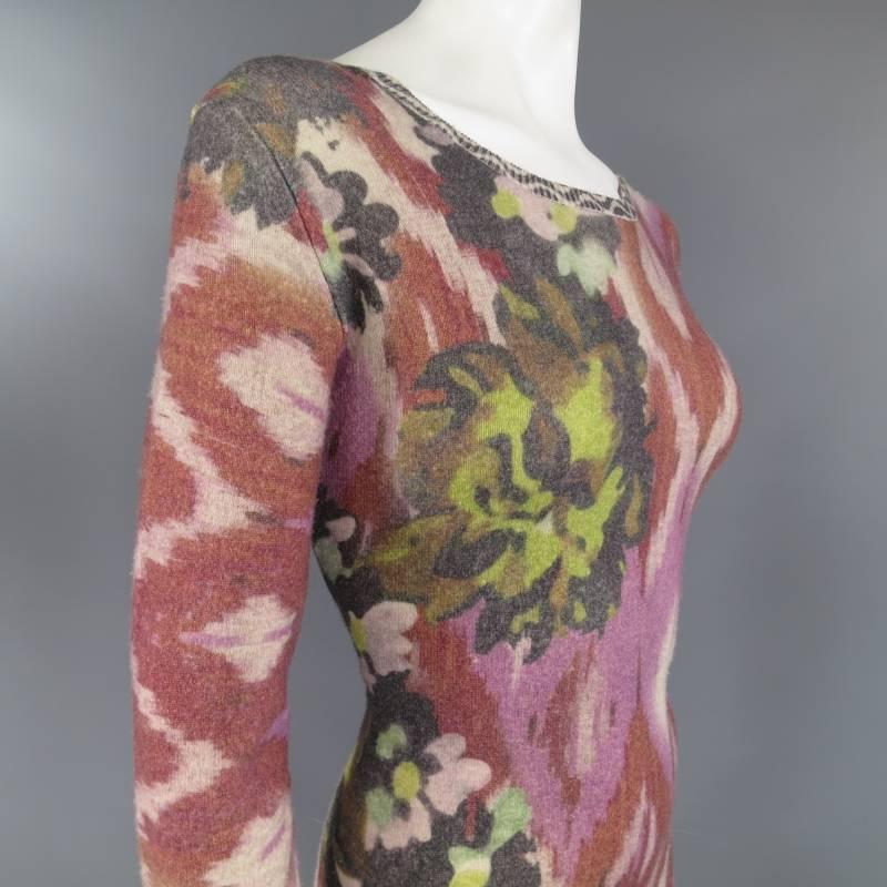 Women's ETRO 4 Beige Red Pink & Green Floral Ikat Print Wool / Cashmere Sweater Dress