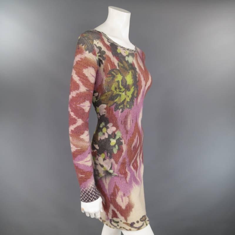 ETRO 4 Beige Red Pink & Green Floral Ikat Print Wool / Cashmere Sweater Dress In Excellent Condition In San Francisco, CA
