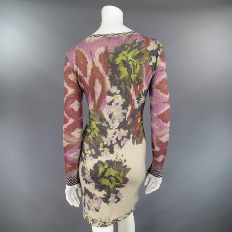 ETRO 4 Beige Red Pink & Green Floral Ikat Print Wool / Cashmere Sweater Dress 1