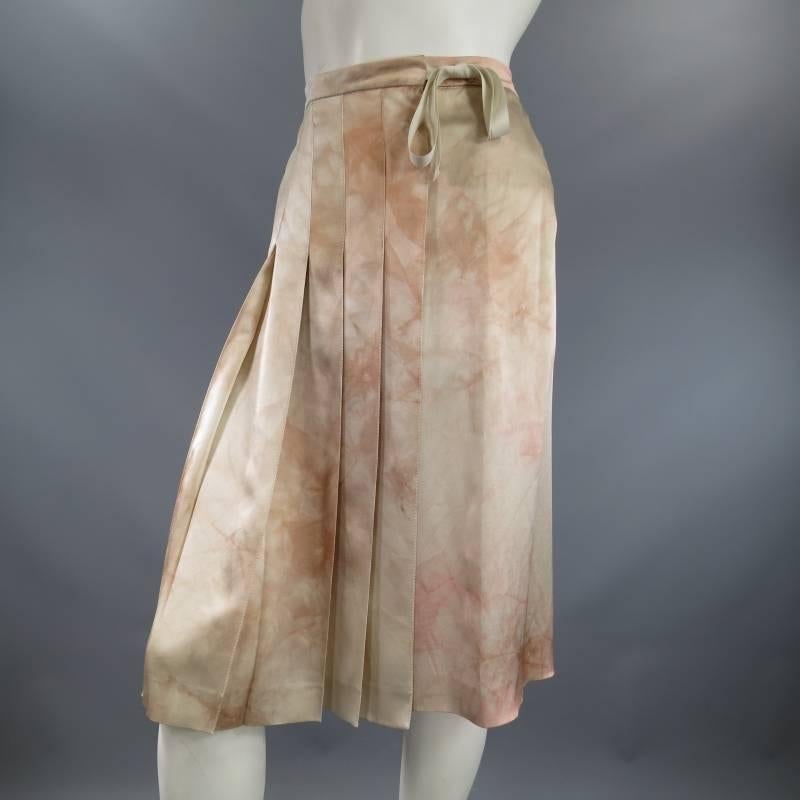 Brown PRADA Size 4 Beige & Blush Marbled Silk Satin Pleated Wrap Skirt