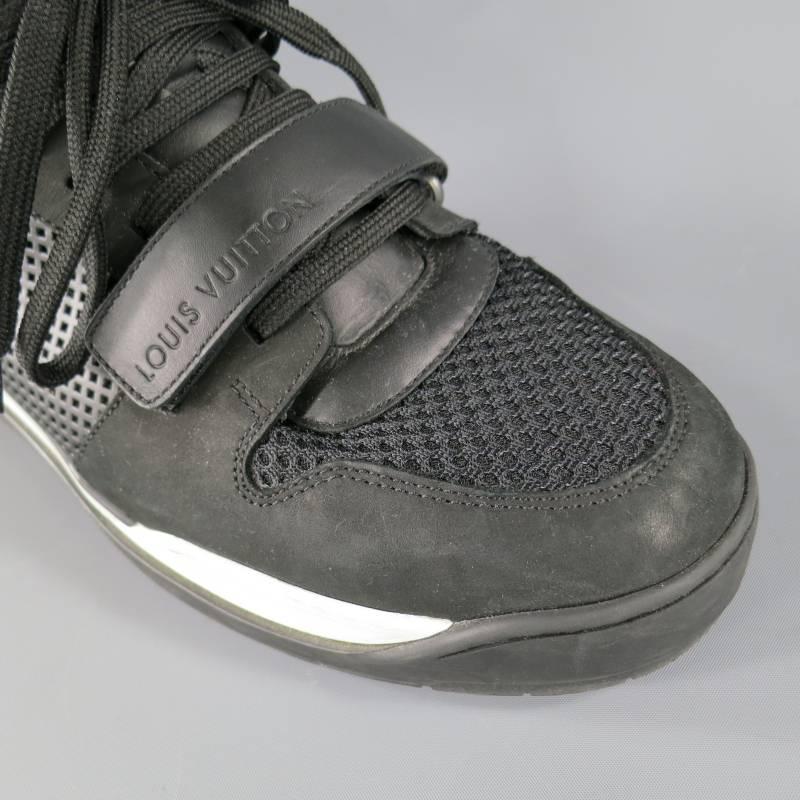 LOUIS VUITTON 10.5 Black Textured Leather High Top Velcro Trailblazer Sneakers In Excellent Condition In San Francisco, CA
