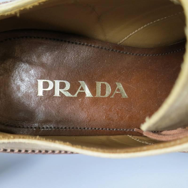 PRADA Size 8 Tan & Brown Two Tone Wing Top Brogue Leather Lace Up 5