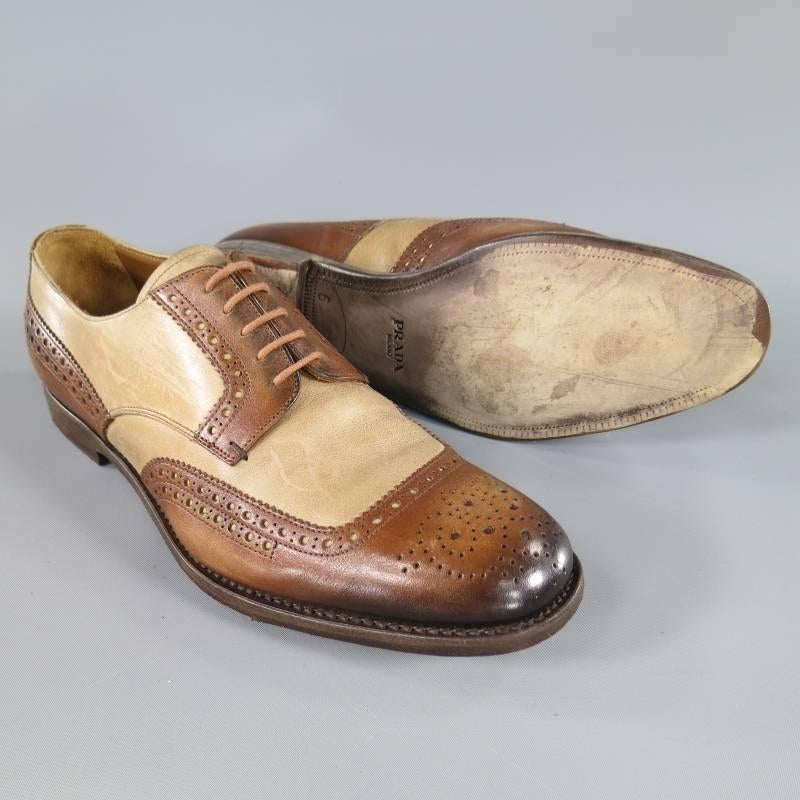 Men's PRADA Size 8 Tan & Brown Two Tone Wing Top Brogue Leather Lace Up