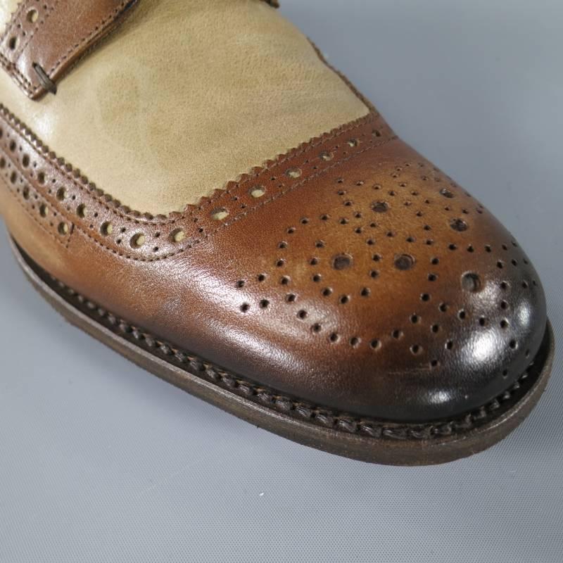 PRADA Size 8 Tan & Brown Two Tone Wing Top Brogue Leather Lace Up 3